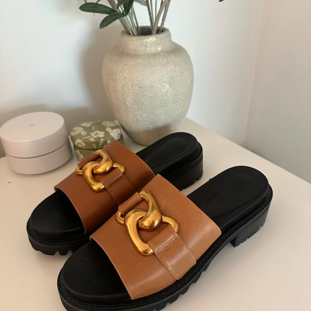 Aersoles Brown Slide Sandals with Gold Accent - Picture 4 of 5